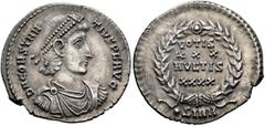 Roman Imperial Constantius II, 337-361. Siliqua (Silver, 21 mm, 3.40 g, 1 h), Sirmium, September 351-November 355. D N CONSTAN-TIVS P F AVG Pearl-diademed, draped and cuirassed bust of Constantius II 
