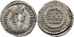 Roman Imperial Constantius II, 337-361. Siliqua (Silver, 23 mm, 3.33 g, 6 h), Sirmium, September 351-November 355. D N CONSTAN-TIVS P F AVG Pearl-diademed, draped and cuirassed bust of Constantius II 