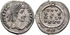Roman Imperial Constantius II, 337-361. Siliqua (Silver, 20 mm, 2.87 g, 12 h), Siscia, September 351-November 355. D N CONSTAN-TIVS P F AVG Pearl-diademed head of Constantius II to right. Rev. VOTIS /