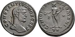 The Rauceby Hoard: BM Plate Coins Constantius I, as Caesar, 293-305. Follis (Bronze, 26 mm, 10.91 g, 11 h), Treveri, circa 298-299. CONSTANTIVS NOB CAES Laureate head of Constantius I to right. Rev. G