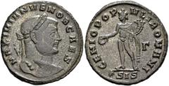 The Rauceby Hoard: BM Plate Coins Galerius, as Caesar, 293-305. Follis (Silvered bronze, 27 mm, 9.13 g, 5 h), Siscia, circa 295. MAXIMIANVS NOB CAES Laureate head of Galerius to right. Rev. GENIO POP-