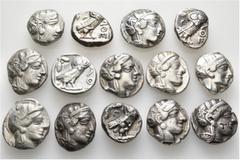 Group Lots A lot containing 14 silver coins. All: Greek. Athenian. Tetradrachms. Fine to very fine. LOT SOLD AS IS, NO RETURNS. 14 coins in lot. From the collection of Walter Uhrmeister, formed over t