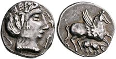 Celtic IBERIA, Gaulish-Iberian Imitations. Late 3rd to 2nd century BC. Drachm (Silver, 18 mm, 4.70 g, 2 h), imitating Iltirtasalir (Lérida/Lleida) or Emporion (Ampurias). Head of Arethousa to right, w