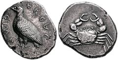 Greek SICILY. Akragas. Circa 510-495 BC. Didrachm (Silver, 24 mm, 8.27 g, 3 h). AKRAC-ANTOΣ Eagle standing left with closed wings. Rev. Crab within shallow circular incuse. HGC 2, 87. SNG Ashmolean 16