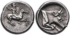 Greek SICILY. Gela. Circa 490/85-480/75 BC. Didrachm (Silver, 20 mm, 8.71 g, 4 h). Bearded warrior, nude but for high helmet, riding horse to right, brandishing spear in his right hand and holding rei