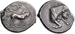 Greek SICILY. Gela. Circa 450-440 BC. Tetradrachm (Silver, 27 mm, 16.78 g, 6 h). Charioteer, holding reins with both hands and kentron in his right, driving slow quadriga to right; above, Nike flying 