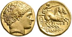 Greek KINGS OF MACEDON. Philip II, 359-336 BC. Stater (Gold, 19 mm, 8.60 g, 12 h), Pella, struck under Philip II or Alexander III, 340/36-328. Laureate head of Apollo to right. Rev. ΦΙΛΙΠΠOY Chariotee