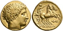 Greek KINGS OF MACEDON. Philip II, 359-336 BC. Stater (Gold, 18 mm, 8.62 g, 12 h), Pella, struck under Philip II or Alexander III, circa 340/36-328. Laureate head of Apollo to right. Rev. ΦΙΛΙΠΠOY Cha