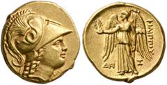 Greek KINGS OF MACEDON. Philip III Arrhidaios, 323-317 BC. Stater (Gold, 17 mm, 8.60 g, 2 h), Babylon II, struck under Seleukos I, circa 318/7-315. Head of Athena to right, wearing crested Corinthian 