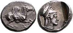 Greek CORINTHIA. Corinth. Circa 450-400 BC. Stater (Silver, 19 mm, 8.54 g, 7 h). Bridled Pegasos with curved wing flying right; below, Ϙ. Rev. Head of Athena to right, wearing Corinthian helmet, singl