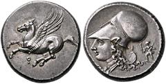 Greek CORINTHIA. Corinth. Circa 375-300 BC. Stater (Silver, 21 mm, 8.59 g, 9 h). Pegasos flying left; below, Ϙ. Rev. Head of Athena to left, wearing Corinthian helmet and necklace; below chin, Δ; behi