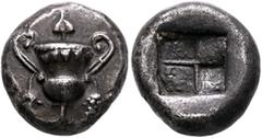 Greek CYCLADES, Naxos. Circa 540/30-520/15 BC. Stater (Silver, 19 mm, 12.07 g). Kantharos with ivy wreath below lip and bunch of grapes hanging from each handle; above, ivy leaf. Rev. Quadripartite in