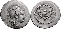 Greek IONIA. Lebedos. Circa 150-143/2 BC. Tetradrachm (Silver, 33 mm, 14.98 g, 12 h), Apollodotos, magistrate. Head of Athena to right, wearing triple-crested Attic helmet decorated with a laurel bran