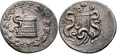 Greek LYDIA. Tralleis. Circa 166-67 BC. Cistophorus (Silver, 30 mm, 12.66 g, 12 h), circa 166-160. Cista mystica from which snake coils; around, ivy wreath with fruits. Rev. Two snakes coiled around a