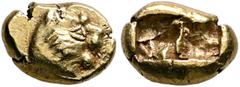 Greek KINGS OF LYDIA. Alyattes, circa 620/10-564/53 BC. Hekte or 1/6 Stater (Electrum, 12 mm, 2.36 g), Lydo-Milesian standard, Sardes. Head of a lion with sun with no rays on its forehead to right; in