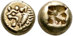 Greek KINGS OF LYDIA. Alyattes, circa 620/10-564/53 BC. Hemihekte – 1/12 Stater (Electrum, 7 mm, 1.18 g). Head of roaring lion to left; traces of 𐤥𐤠𐤩𐤥𐤤𐤩 ('walwel' in Lydian) downward to left. Re