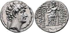 Greek SELEUKID KINGS. Demetrios III Eukairos, 97/6-88/7 BC. Tetradrachm (Silver, 29 mm, 16.00 g, 12 h), uncertain mint in Cilicia, likely Tarsos, perhaps 88/7. Diademed head of Demetrios III to right.