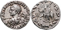 The Basileia Hellenika Collection of Exceptional Tetradrachms BAKTRIA, Indo-Greek Kingdom. Antialkidas, circa 130-120 BC. Tetradrachm (Silver, 24 mm, 9.81 g, 1 h), Indian standard, Kapisa (?). ΒΑΣΙΛΕΩ