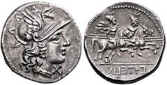 Roman Republican & Imperatorial The Social War. Coinage of the Marsic Confederation, 90-88 BC. Denarius (Silver, 19 mm, 3.87 g, 7 h), Corfinium, circa 90. Head of Italia to right, wearing winged helme