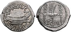 Roman Republican & Imperatorial Mark Antony, 44-30 BC. Denarius (Silver, 17 mm, 3.80 g, 6 h), military mint moving with Mark Antony (Patrae?), 32-31. ANT AVG - III VIR•R•P•C• Galley right, with scepte