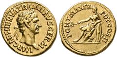 Roman Imperial Trajan, 98-117. Aureus (Gold, 19 mm, 7.62 g, 6 h), Rome, 98. IMP CAES NERVA TRAIAN AVG GERM Laureate head of Trajan to right. Rev. PONT MAX TR POT COS II Germania, nude to waist, seated