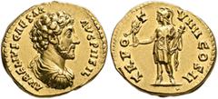 Roman Imperial Marcus Aurelius, as Caesar, 139-161. Aureus (Gold, 20 mm, 7.28 g, 6 h), Rome, 154-155. AVRELIVS CAESAR AVG PII FIL Bare-headed, draped and cuirassed bust of Marcus Aurelius to right, se