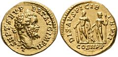Roman Imperial Septimius Severus, 193-211. Aureus (Gold, 20 mm, 7.34 g, 12 h), Rome, 194. L•SEP•SEV•P-ERT•AVG•IMP II Laureate head of Septimius Severus to right. Rev. DIS•AVSPICIB TR P II / COS II P P