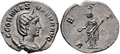 Roman Imperial Cornelia Supera, Augusta, 253. Antoninianus (Silver, 22 mm, 3.16 g, 6 h), Rome. C CORNEL SVPERA AVG Diademed and draped bust of Cornelia Supera set to right on crescent. Rev. VESTA Vest