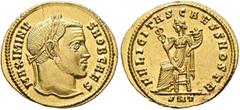 Roman Imperial Maximinus II, as Caesar, 305-309. Aureus (Gold, 21 mm, 5.29 g, 7 h), Ticinum, 305-306. MAXMINV-S NOB CAES Laureate head of Maximinus II to right. Rev. FELICITAS CAESS NOSTR / SMT Felici