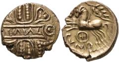 Celtic CELTIC, Britain. Trinovantes & Catuvellauni. Cunobelin, circa 10-43. Quarter Stater (Gold, 15 mm, 1.38 g, 10 h), first issue, Camulodunon (Colchester). CAMVL on a central panel over vertical wr