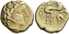 Celtic CELTIC, Northwest Gaul. "Armoricans". 3rd Century BC. 1/4 Stater (Gold, 13 mm, 1.84 g, 12 h), imitating Philip II of Macedon. Celticized head of Apollo to right. Rev. Devolved charioteer in big