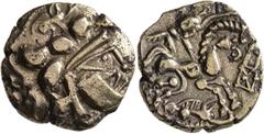 Celtic CELTIC, Northwest Gaul. Baiocassi. 2nd-1st century BC. Stater (Electrum, 20 mm, 6.41 g, 8 h). Celticized male head to right; boar atop. Rev. Horseman to right; to right, rectangular symbol; bel