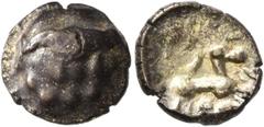 Celtic CELTIC, Northeast Gaul. Remi. 2nd-1st century BC. 1/4 Stater (Bronze, 10 mm, 1.48 g). Stylized head to right. Rev. Stylized horse prancing right; below, pellets; above, hemicycle. D&T 182. Ligh