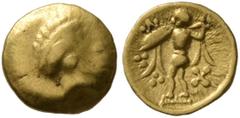 Celtic CELTIC, Central Europe. Boii. 2nd century BC. 1/24 Stater (Gold, 8 mm, 0.36 g), early Athena-Alkis-series. Laureate head of Apollo (?) to right. Rev. Athena Alkis standing left, holding spear i