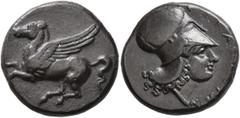 Greek SICILY. Syracuse. Timoleon and the Third Democracy, 344-317 BC. Stater (Silver, 20 mm, 8.04 g, 12 h). Pegasos flying left. Rev. ΣYPA[KO]ΣIΩN Head of Athena to right, wearing Corinthian helmet. C