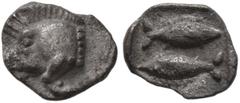 Greek MYSIA. Kyzikos. Circa 450-400 BC. Tetartemorion (Silver, 6-7 mm, 0.20 g, 5 h). Forepart of boar to left. Rev. Two tunnies swimming in opposite direction; all within incuse square. SNG Paris -. S