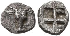 Greek TROAS. Lamponeia. Circa 500-450 BC. Tetartemorion (Silver, 6 mm, 0.19 g). Facing boukranion. Rev. Quadripartite incuse square. BMC -. Klein 317. SNG München -. An extremely rare denomination for
