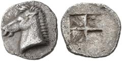 Greek AEOLIS. Kyme. Circa 480-450 BC. Tetartemorion (Silver, 7 mm, 0.20 g). Head of horse to left. Rev. Quadripartite incuse square. Klein 332 var. (horse to right ). Cf. Obolos 5 (2016), 286. Rosen -