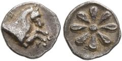 Greek AEOLIS. Kyme. 4th century BC. Hemiobol (Silver, 7.5 mm, 0.34 g). K-Y Forepart of horse to right. Rev. Floral pattern. Klein 334 var. (pattern with six leafs). SNG Copenhagen 34. SNG von Aulock 7