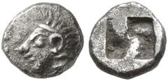 Greek IONIA. Kolophon. late 6th century BC. Tetartemorion (Silver, 5 mm, 0.17 g). Archaic head of Apollo to left. Rev. Quadripartite incuse square. SNG Kayhan 343. SNG von Aulock 1810. Light porosity,