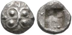 Greek IONIA. Uncertain. Circa 550-500 BC. Tetartemorion (Silver, 5 mm, 0.17 g). Butterfly-shaped ornament on cross; four pellets in each segment. Rev. Rough square punch. Possibly unpublished. A tiny 