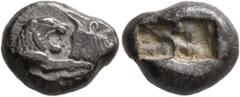 Greek KINGS OF LYDIA. Kroisos, circa 560-546 BC. 1/3 Stater (Silver, 11-14 mm, 3.31 g), Sardes. Confronted foreparts of lion and bull. Rev. Two incuse squares, one larger than the other. Berk 24. SNG 