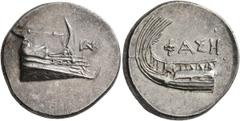 Greek LYCIA. Phaselis. 4th century BC. Stater (Silver, 23 mm, 10.40 g, 3 h). Prow of galley to right; to right, monogram of IAPK. Rev. ΦAΣH Stern of galley left. Heipp-Tamer series 6 var. (unlisted wi