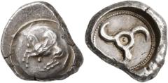 Greek DYNASTS OF LYCIA. Uncertain dynast, circa 480/70-430 BC. Stater (Silver, 22 mm, 9.77 g). Pegasos flying left; pellet below; all on raised round shield. Rev. Triskeles within circular incuse. Fal