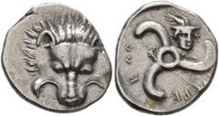 Greek DYNASTS OF LYCIA. Perikles, circa 380-360 BC. 1/3 Stater (Silver, 17 mm, 3.07 g). Facing lion's scalp. Rev. 𐊓𐊁𐊕𐊆-𐊋𐊍𐊁 ('Perikle' in Lycian) Triskeles; to right, facing head of Hermes weari