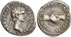 Roman Imperial Nerva, 96-98. Denarius (Silver, 19 mm, 3.09 g, 6 h), Rome, 97. IMP NERVA CAES AVG P M TR P COS III P P Laureate head of Nerva to right. Rev. CONCORDIA EXERCITVVM Clasped right hands. BM