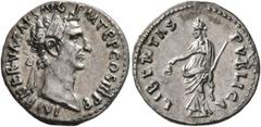 Roman Imperial Nerva, 96-98. Denarius (Silver, 18 mm, 3.24 g, 6 h), Rome, 97. IMP NERVA CAES AVG P M TR P COS III P P Laureate head of Nerva to right. Rev. LIBERTAS PVBLICA Libertas standing left, hol