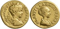 Roman Imperial Caracalla, with Plautilla, 202-205. Aureus (Gold, 19 mm, 6.95 g, 5 h), Rome, 202. ANTON P AVG PON TR P V COS Laureate, draped and cuirassed bust of Caracalla to right, seen from behind.