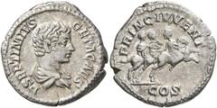 Roman Imperial Geta, as Caesar, 198-209. Denarius (Silver, 18 mm, 3.33 g, 12 h), Rome, 203-208. P SEPTIMIVS GETA CAES Bare and draped bust of Geta to right. Rev. PRINC IVVENT / COS Septimius Severus a