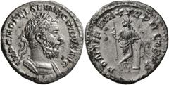 Roman Imperial Macrinus, 217-218. Denarius (Silver, 20 mm, 3.14 g, 12 h), Rome, 218. IMP C M OPEL SEV MACRINVS AVG Laureate and cuirassed bust of Macrinus to right. Rev. PONTIF MAX TR P II COS P P Sec